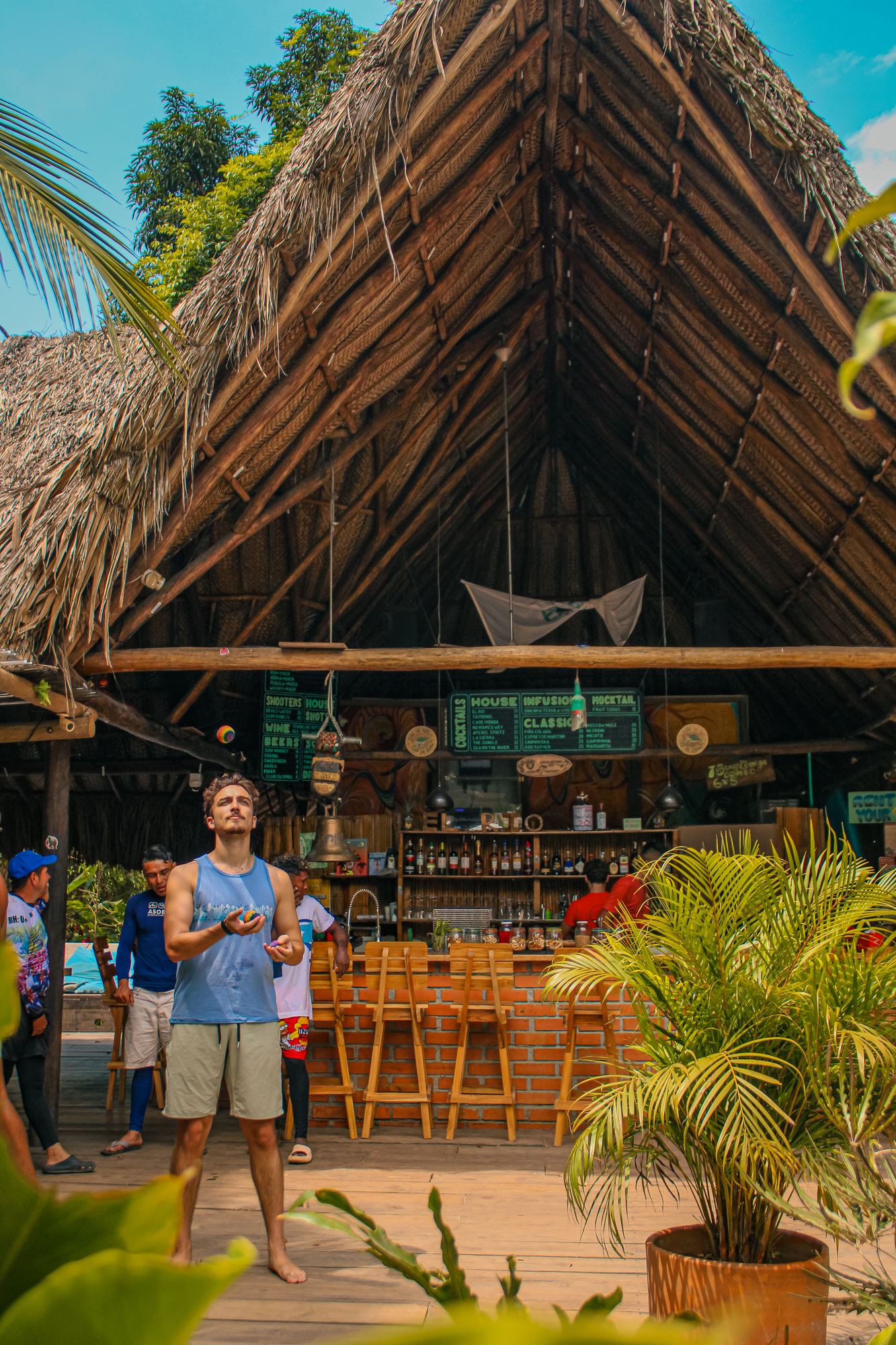 Open-air thatched bar surrounded by palms, with a guest at the counter