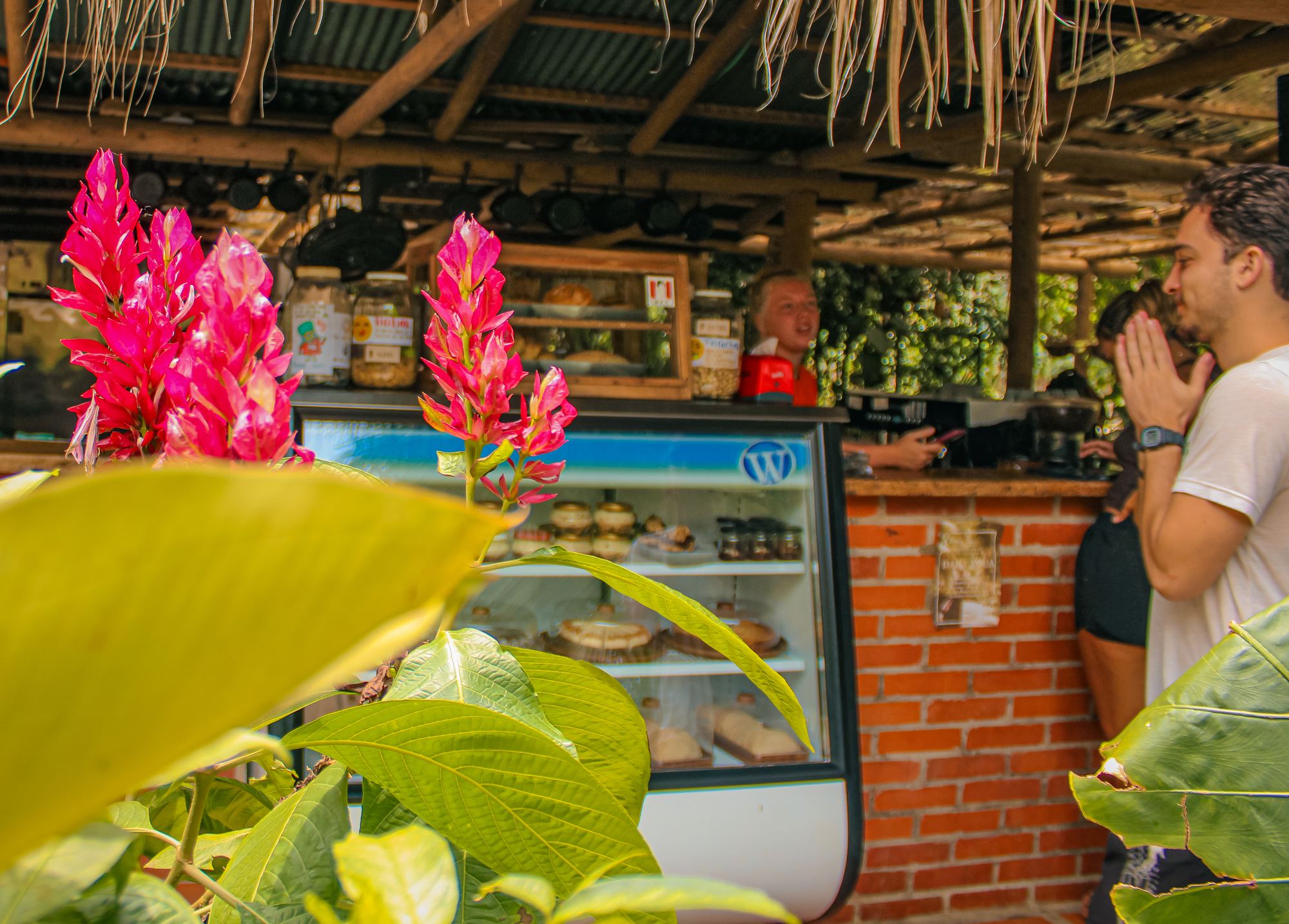 Coffee counter framed by bright pink flowers, a guest ordering